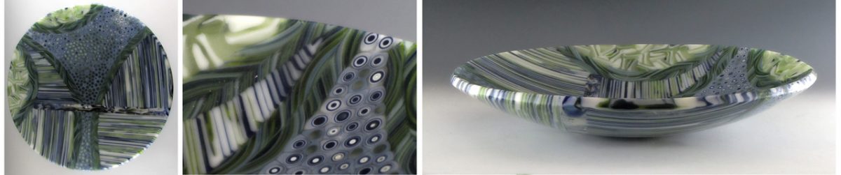 3 pictures of a shallow glass bowl with abstract patterns of lines and dots in greens.