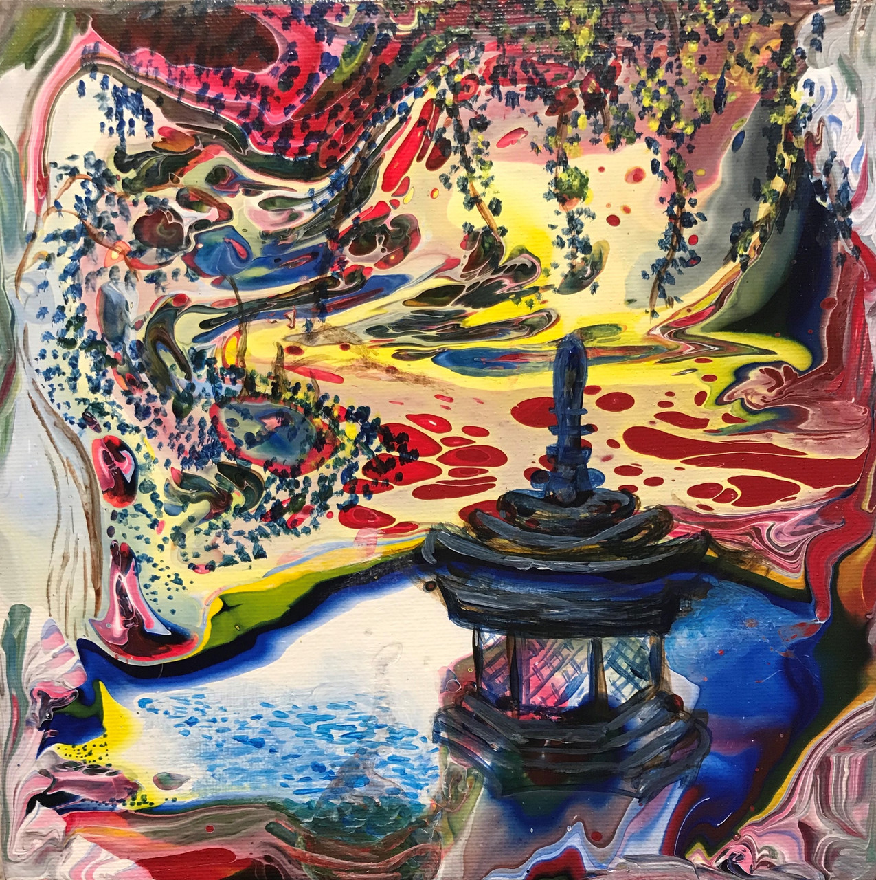 A pagoda surrounded by a surreal landscape of plants and light.