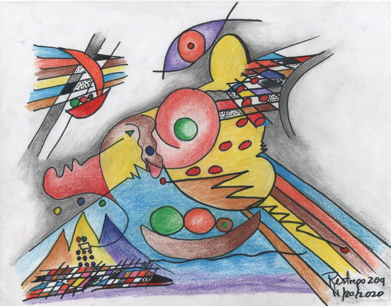 Abstract drawing with colored pencils in bright colors and black marker.