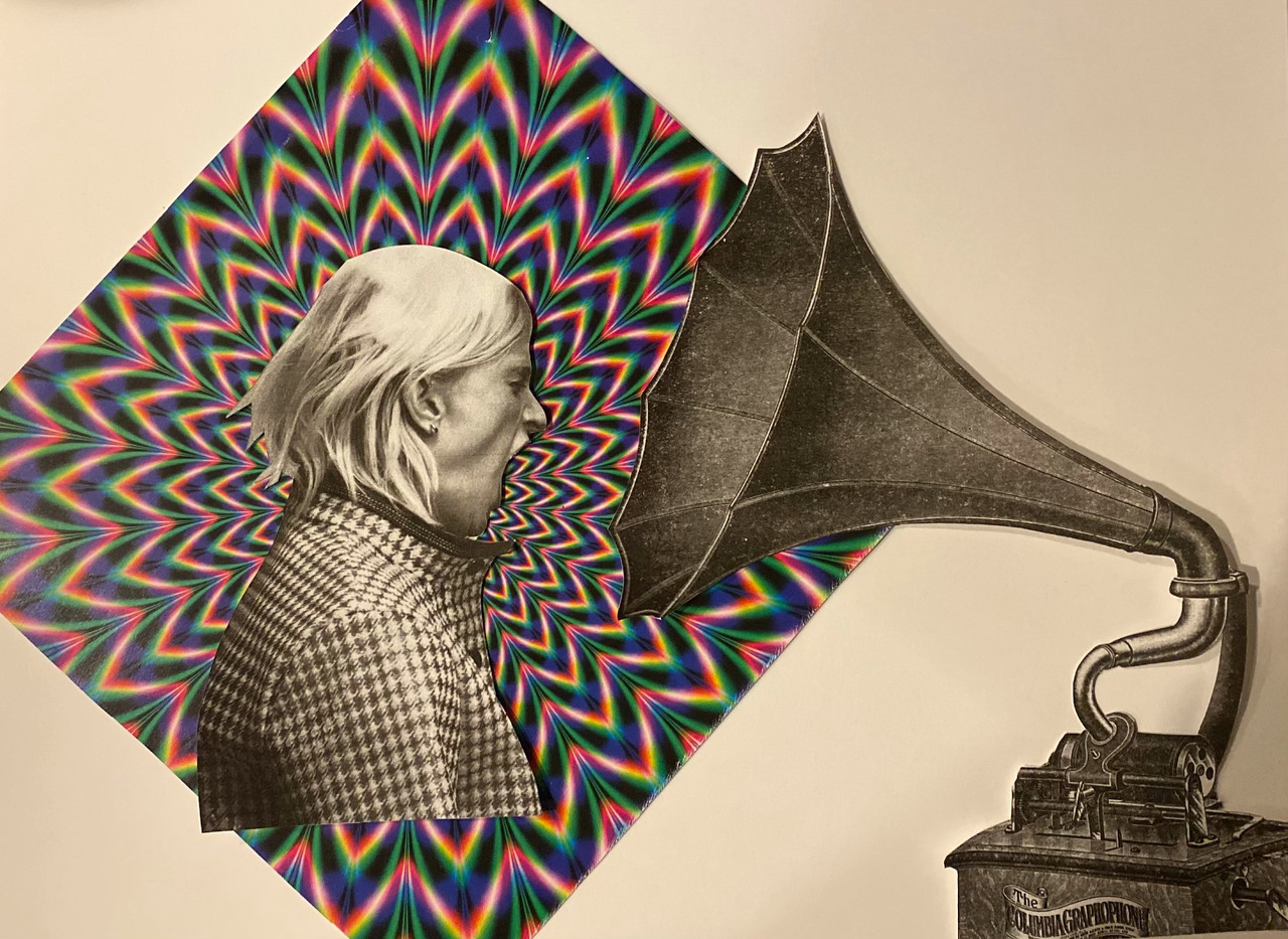 Collage of sepia-toned photos of phonograph with person in a checked top shouting into the cone. There is an iridescent background.