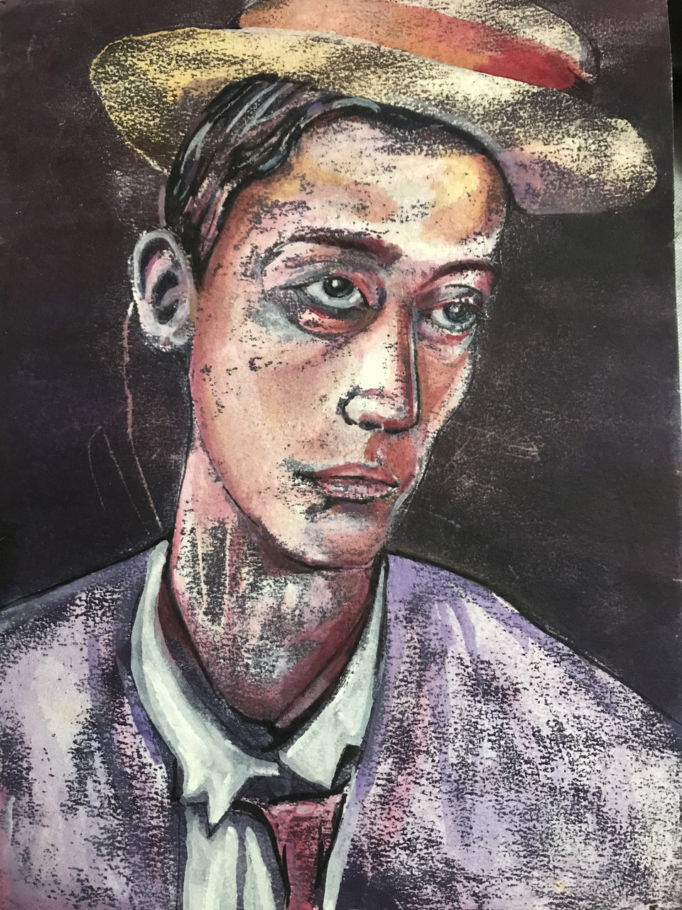 Painting of melancholy Buster Keaton wearing a hat.