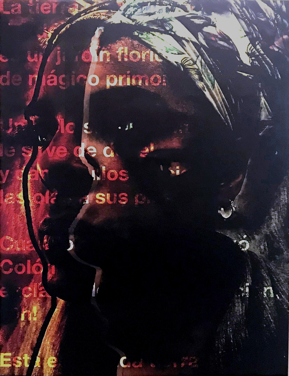 Collage with photograph of a person wearing a headscarf with white type superimposed across the image.