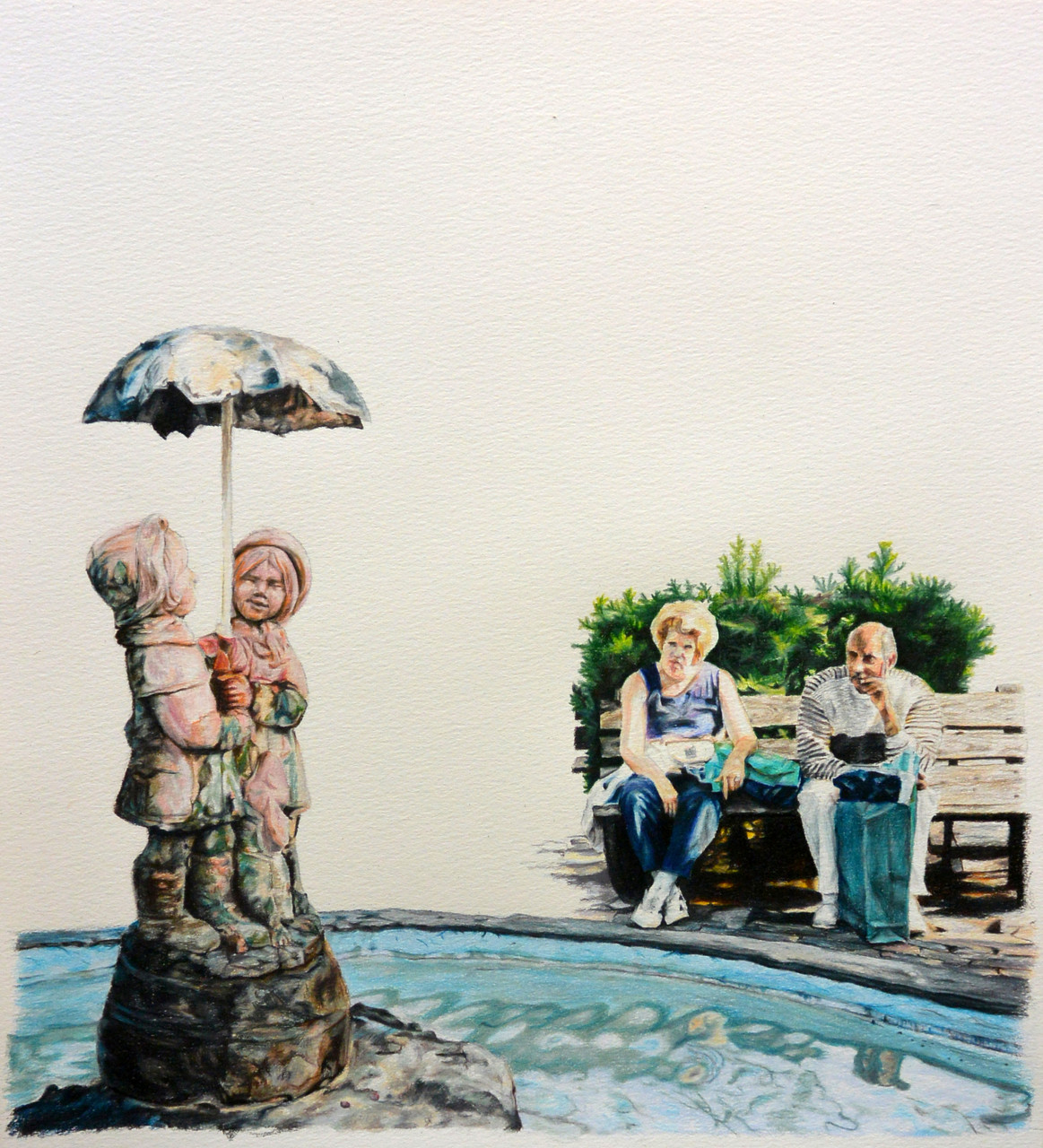 Two older people sitting on a bench, looking at a statue in the middle of a pond of two young people holding an umbrella.