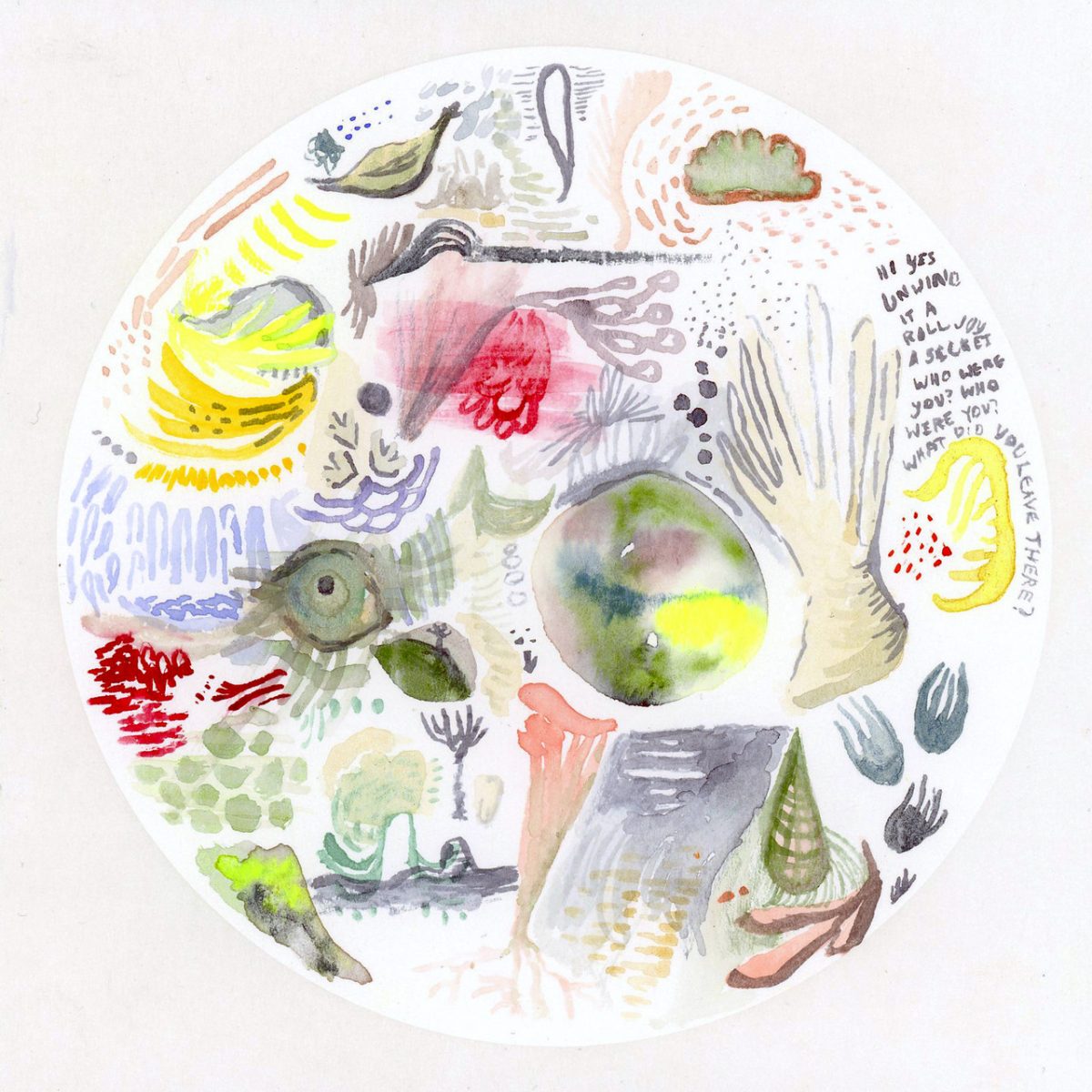 Watercolor painting on circle canvas with abstract shapes in neutral and pastel tones