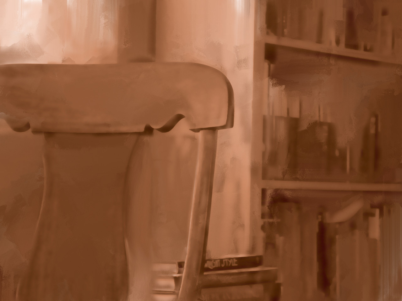 Sepia-toned digital painting of rocking chair and bookcase.