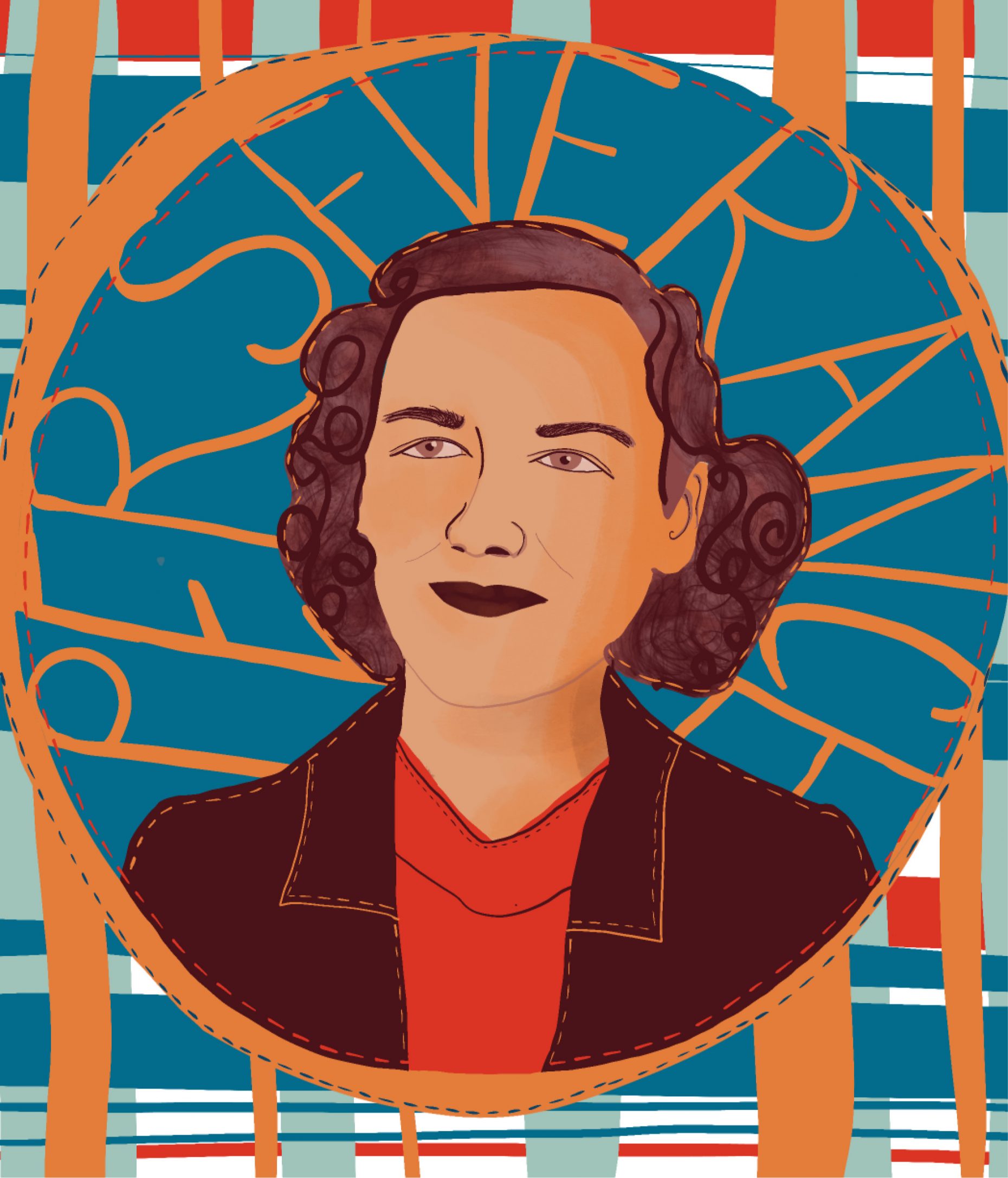 Drawing of person with dark curly hair wearing red shirt and brown jacket. Perseverance written around her in orange.