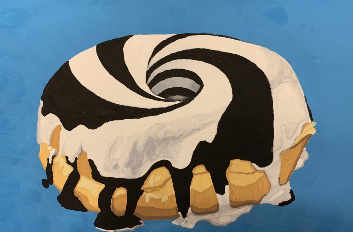 Painting of a donut covered in black and white spiral frosting.