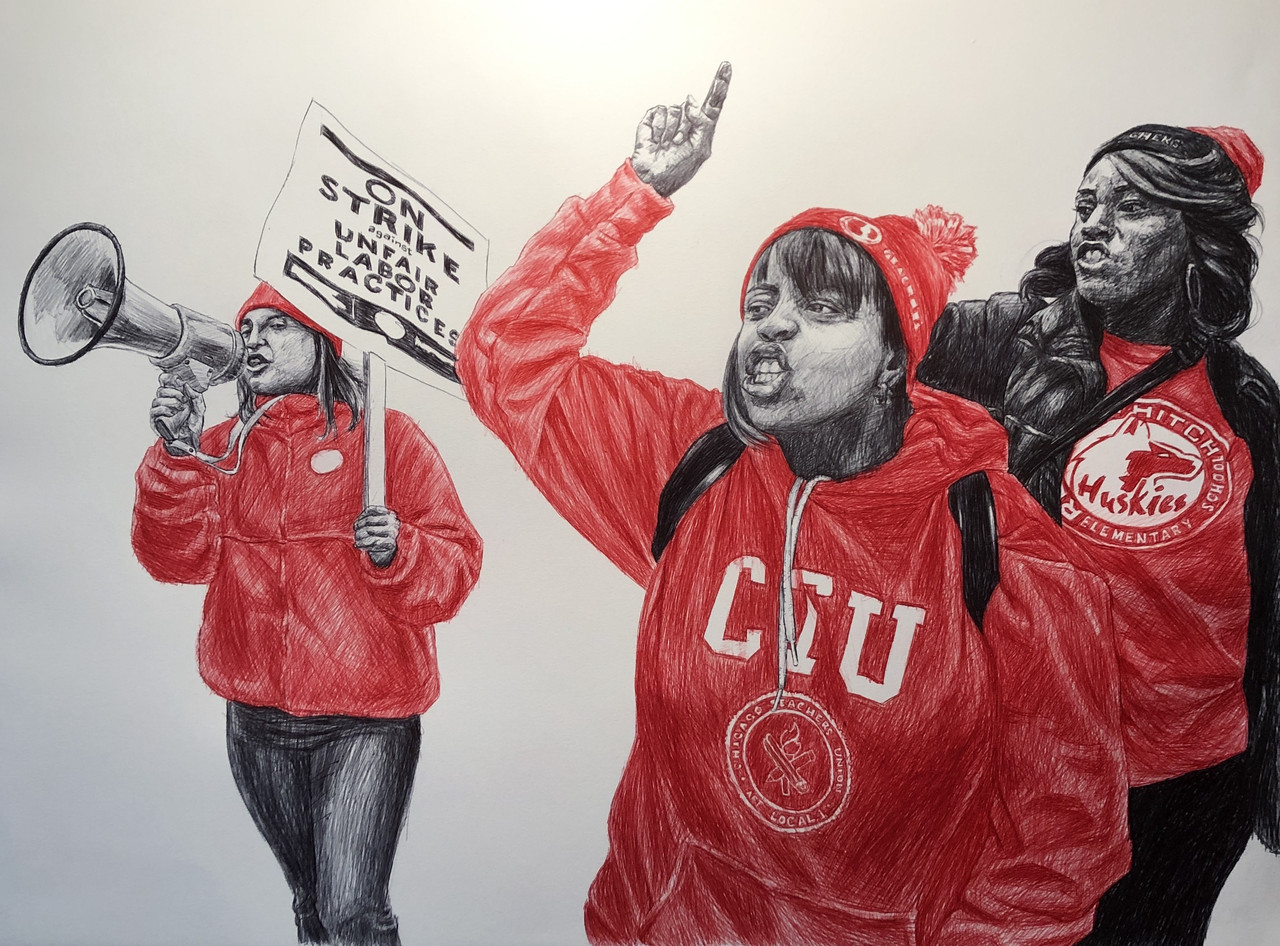 3 people wearing red Chicago Teacher Union clothes, chanting. One with a bullhorn and sign that says "On strike against unfair labor practices."