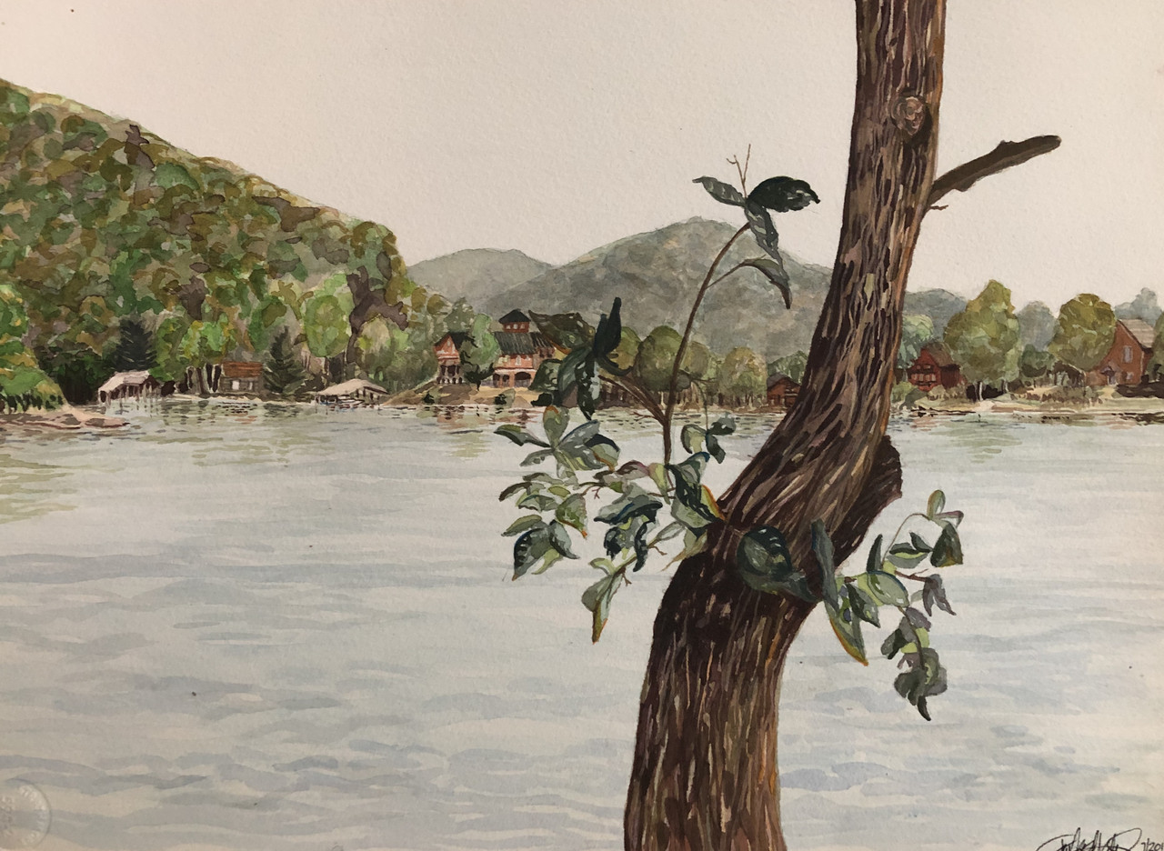 Painting of tree trunk with small branches in the foreground. Behind is a large body of blue water and a densely forested island.