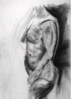 Black and white drawing of female torso.