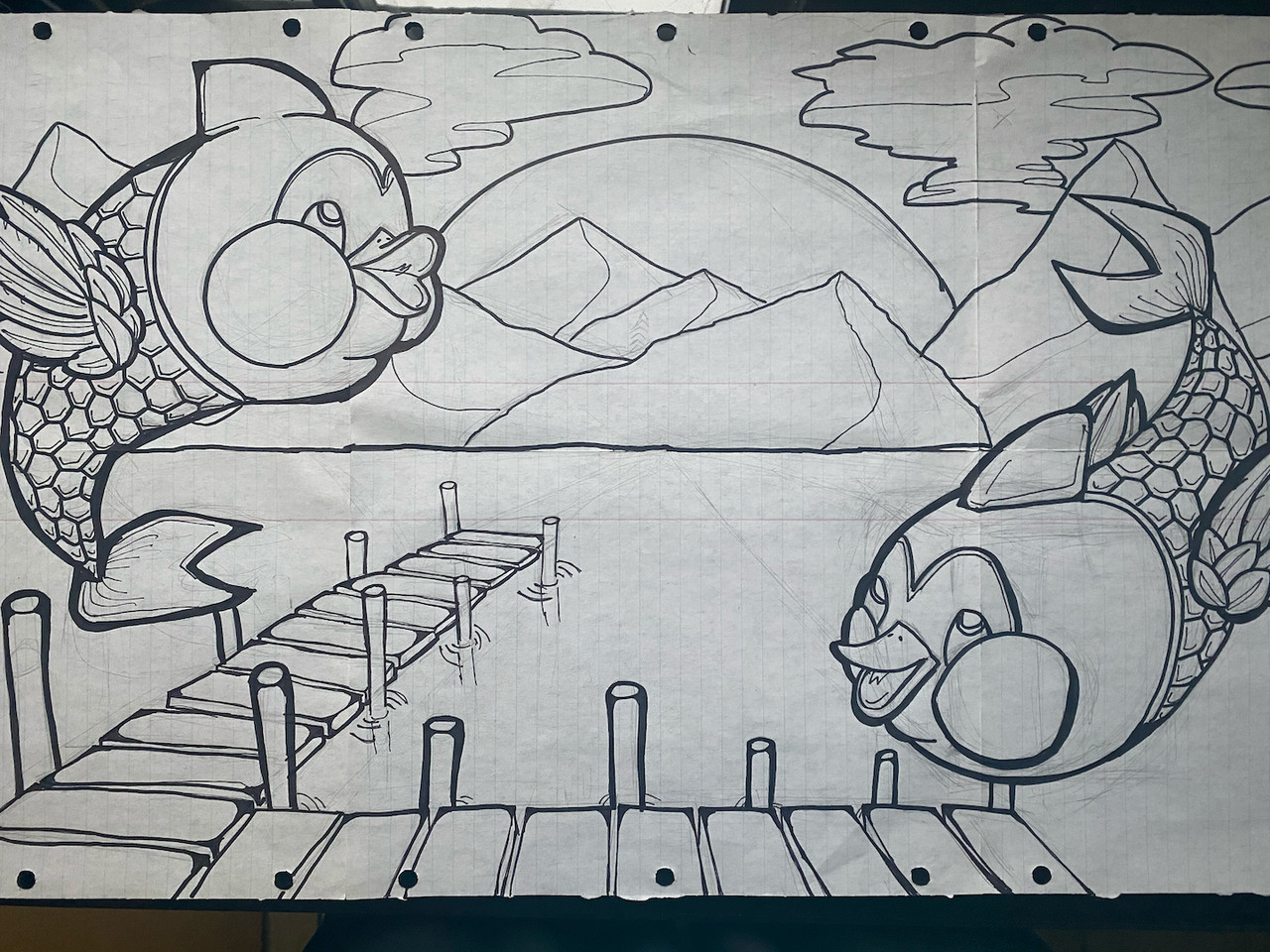 Black and white drawing of fish, mountains, and water