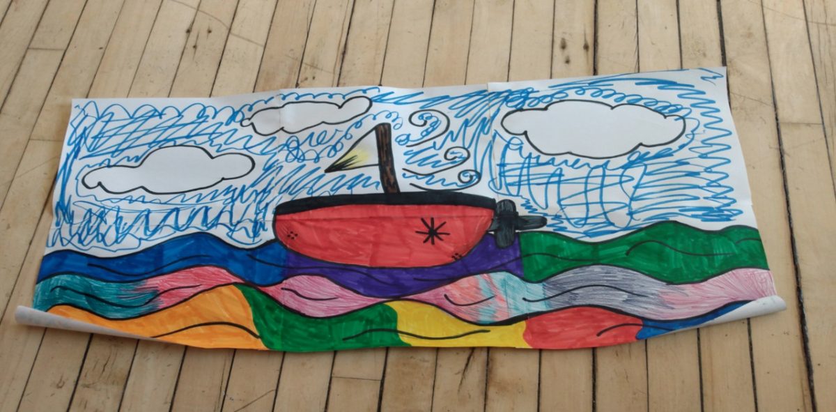 Drawing of a sail boat on a colorful sea