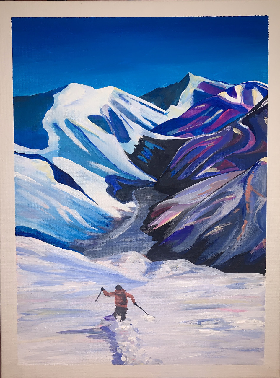 Painting of a woman skiing down a mountain