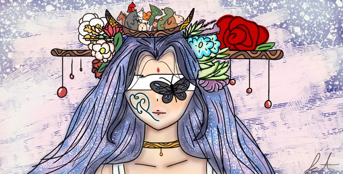 A girl with flowers in her blue and purple hair