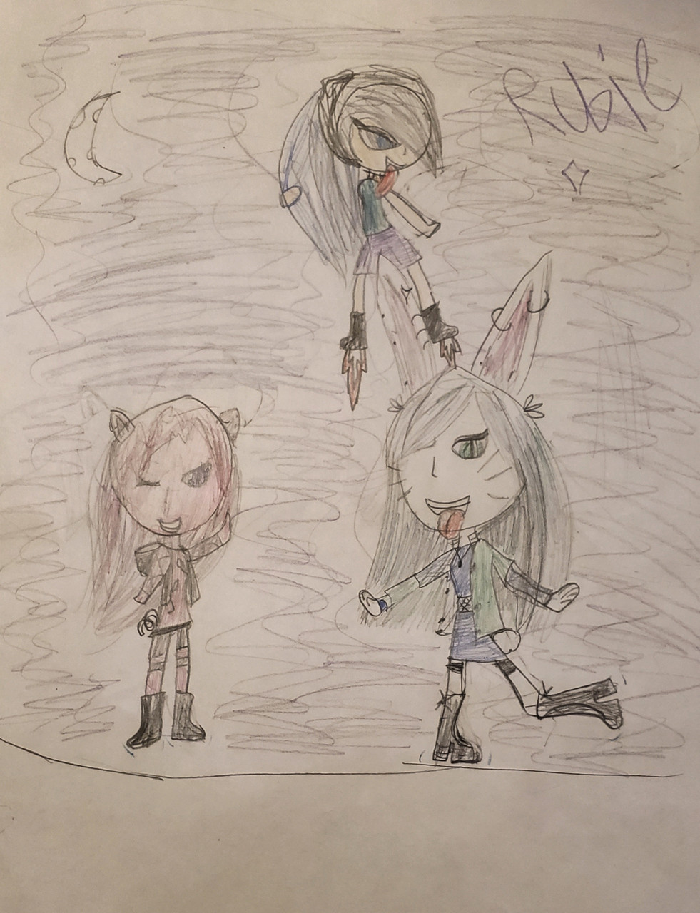 Drawing of three figures with cat ears.