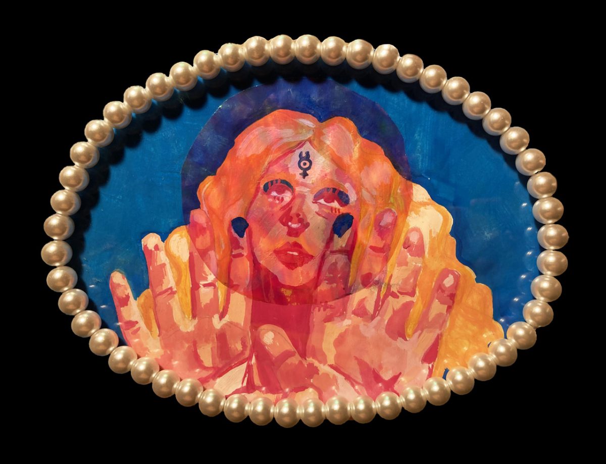 Painting of person in yellows and oranges, in an oval of pearls