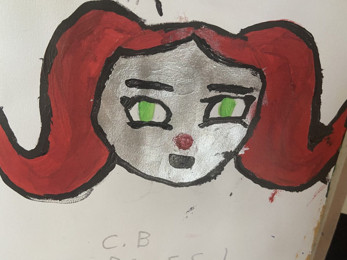Drawing of a girl with red pigtails and green eyes