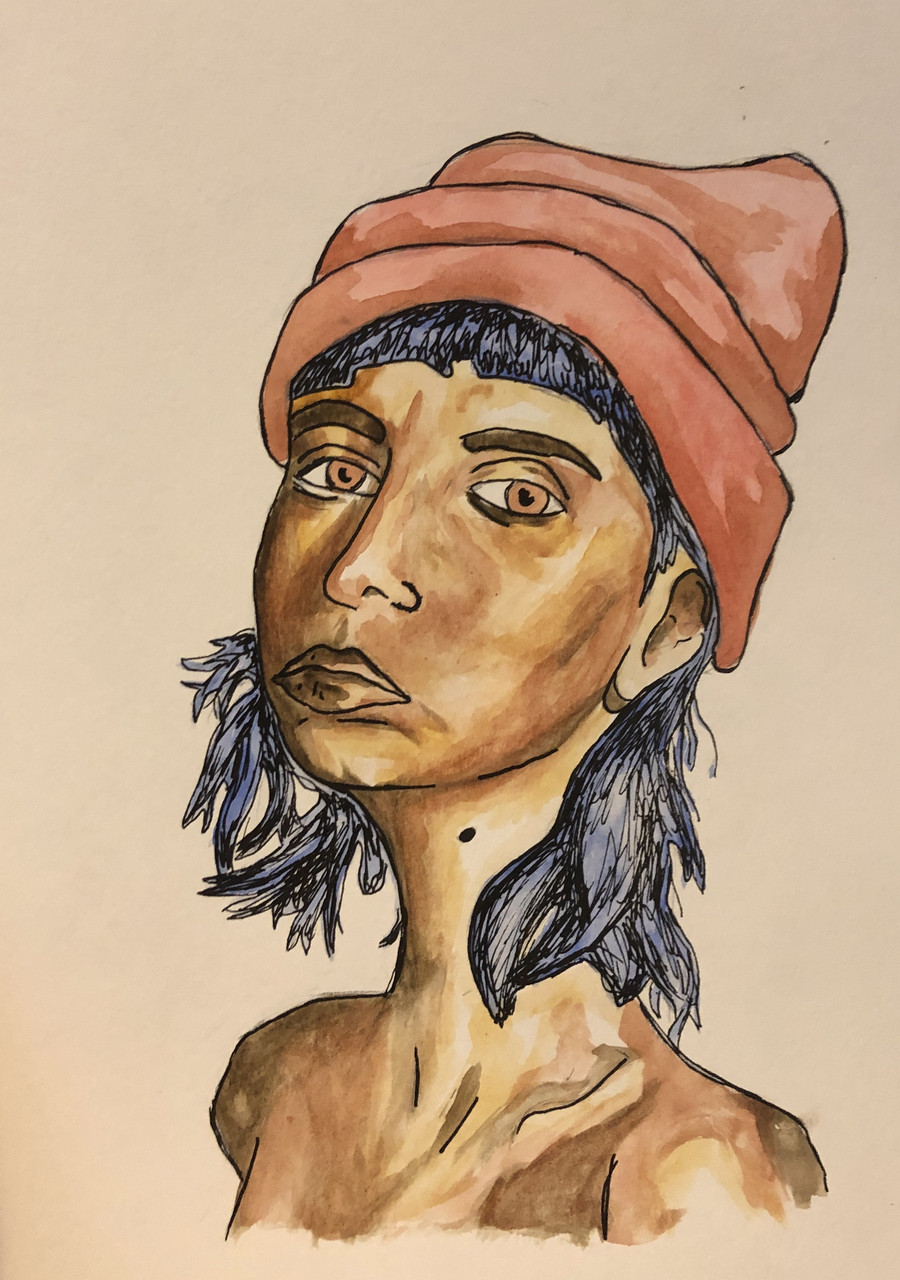 Watercolor portrait of a woman with an orange hat