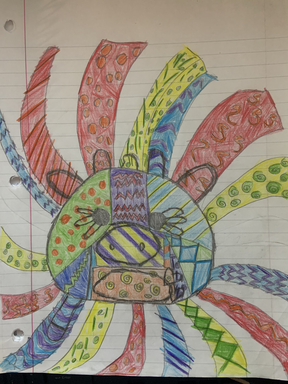 A colorful sun with red, blue, and yellow, and a face.
