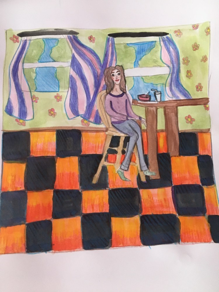 Painting of a woman in her kitchen with an orange and black checkered floor