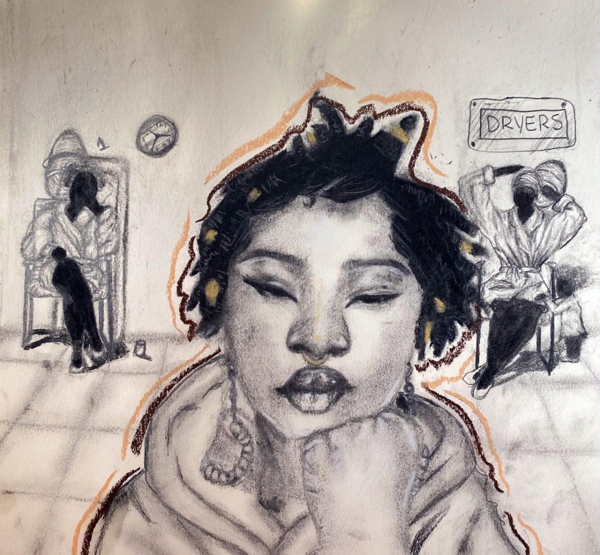 Drawing of a woman sitting in a hair salon