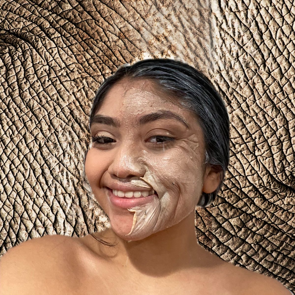 Photograph of a girl with makeup on in front of an elephant skin background