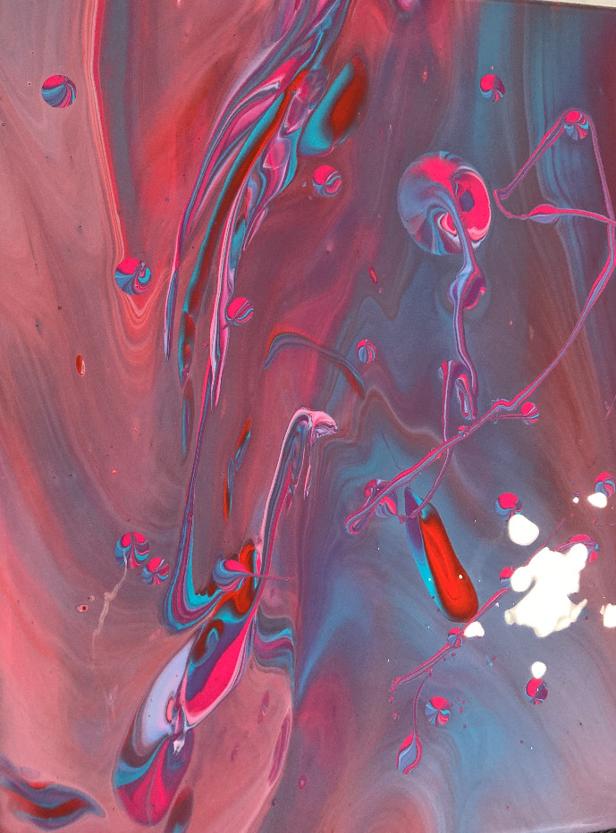 An abstract flow painting of pinks and blues