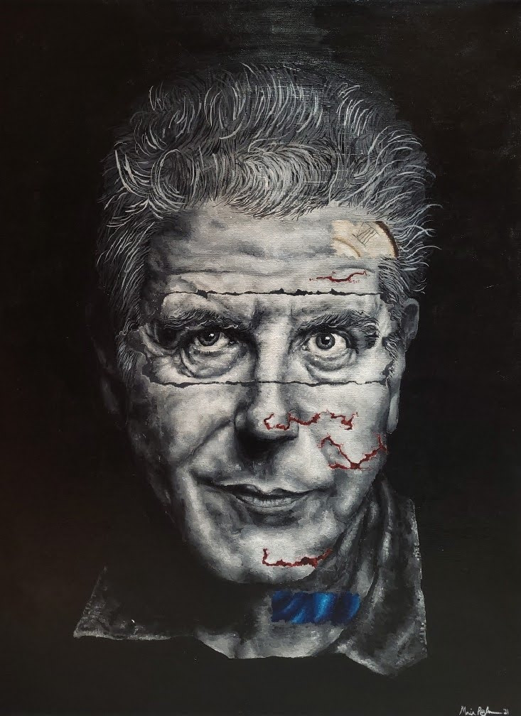 A black and white portrait of Anthony Bourdain