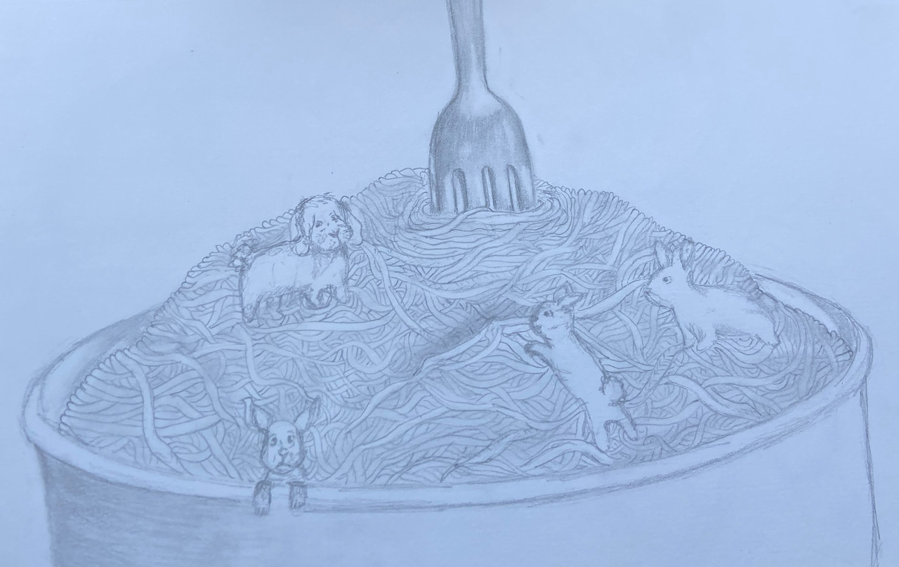 Drawing of a fork in noodles with animals
