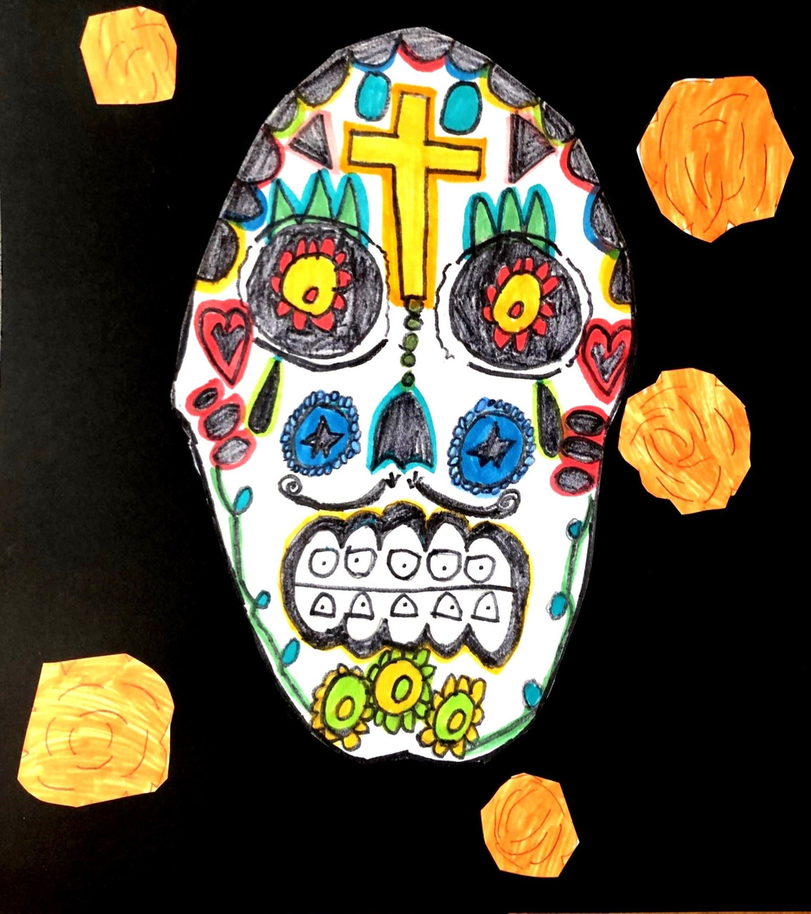 Drawing of sugar skull with marigold around it.