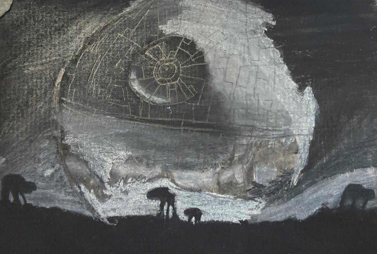 A black and white drawing of a scene with an eyeball looking cage