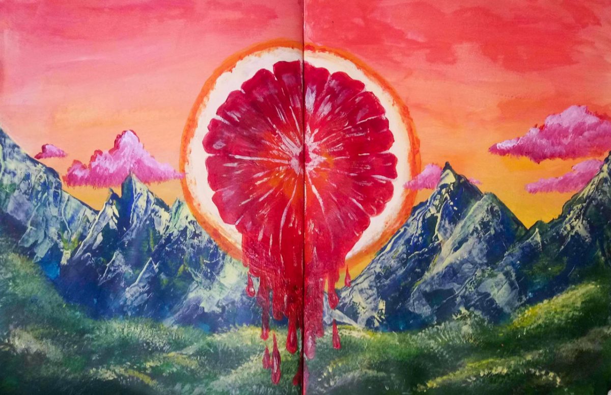 Painting of an orange in front of a mountain background