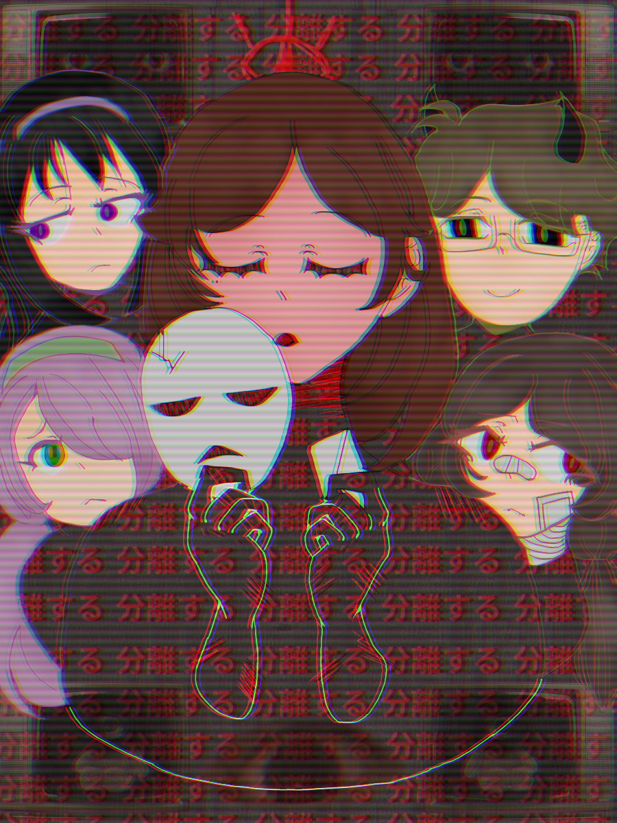 Digital drawing of people with multiple faces around them