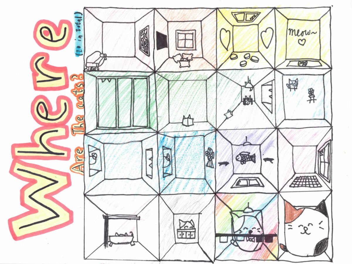 Drawing of a bunch of rooms with cats in them