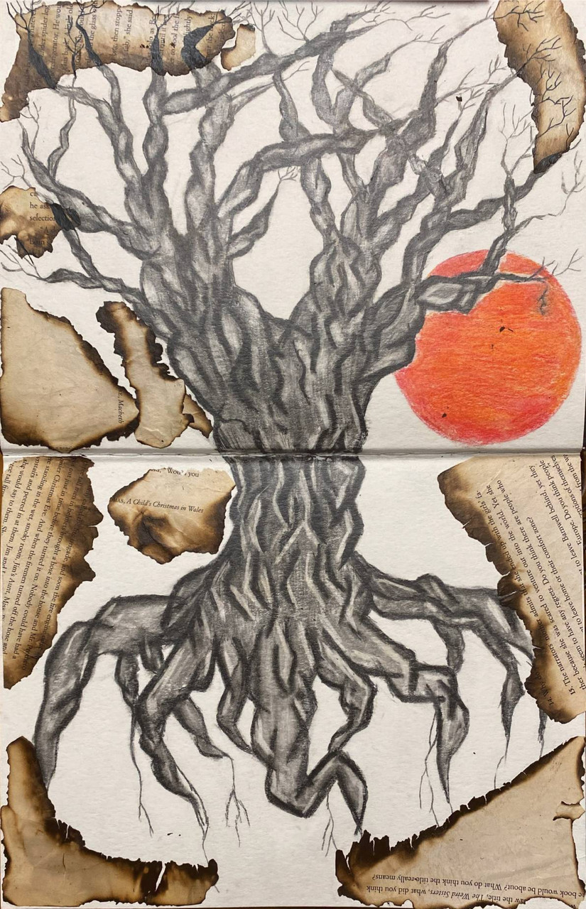 Drawing of a tree with burned and ripped book pages and an orange sun