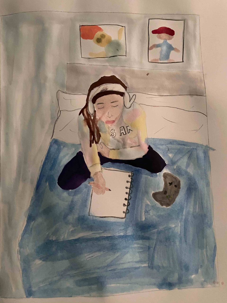 Painting of a girl sitting on her bed listening to music