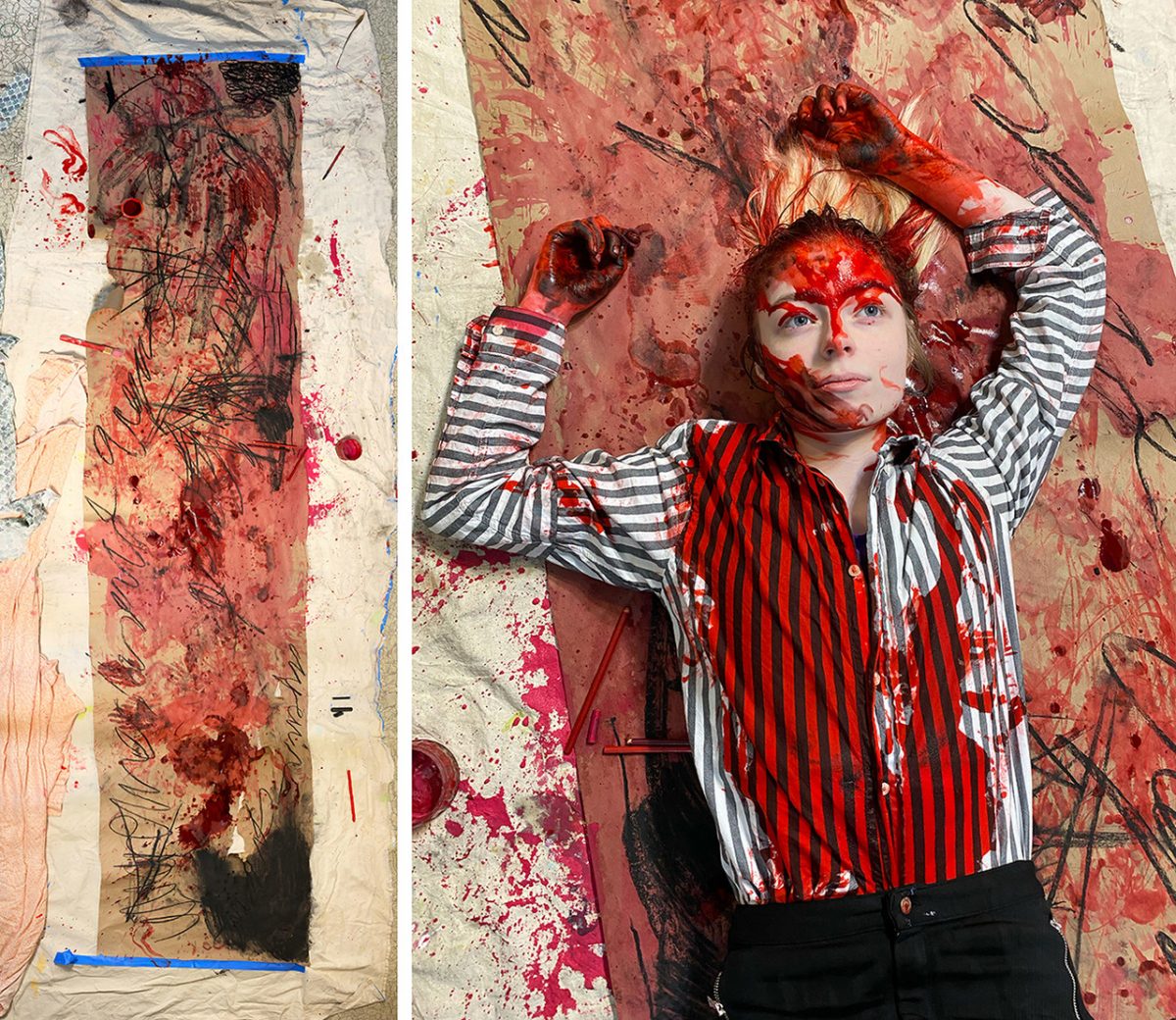 Drawing next to a girl covered in fake blood