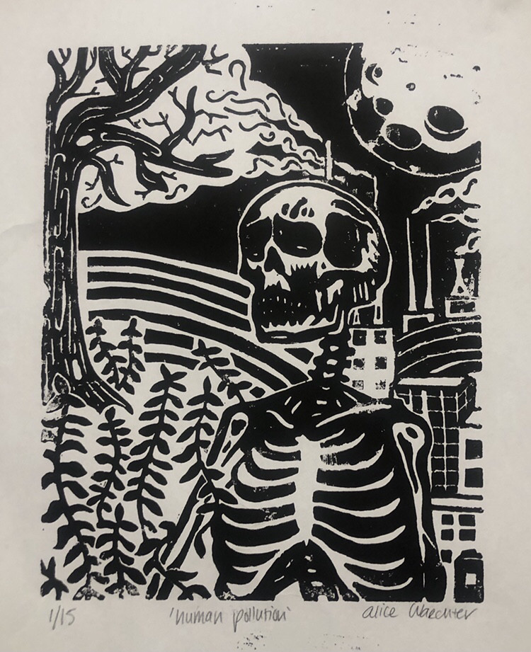 A black print of a skeleton with a tree in the background