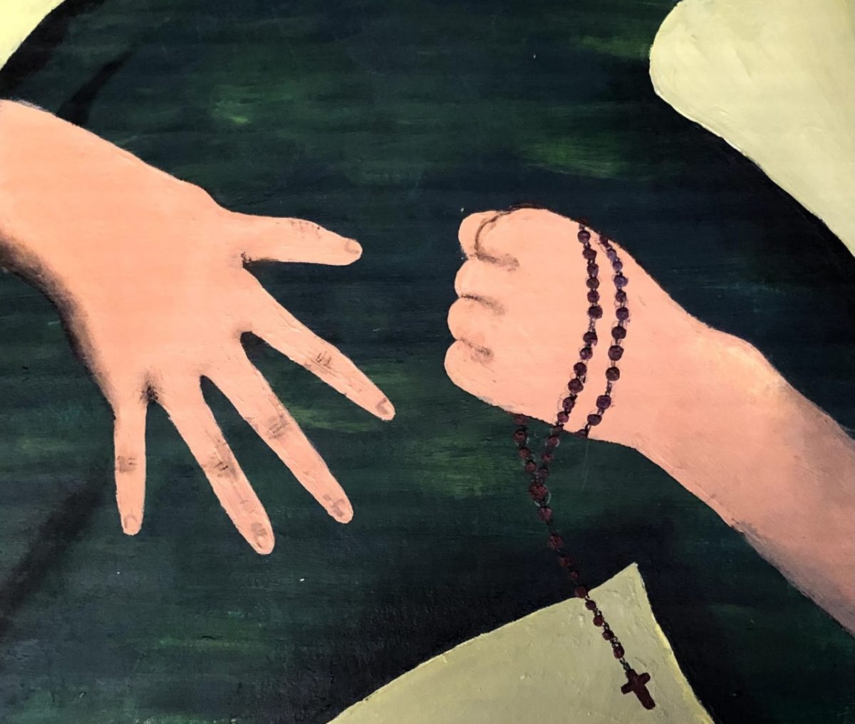 Painting of a girl's hands holding a rosary