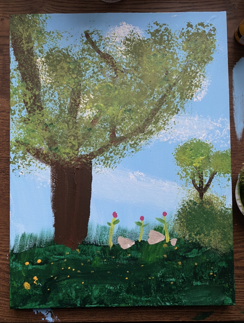 A painting of two trees with green leaves and green grass.