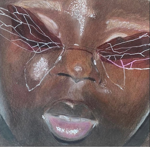 A portrait of a black woman with cracked wing shapes over her eyes
