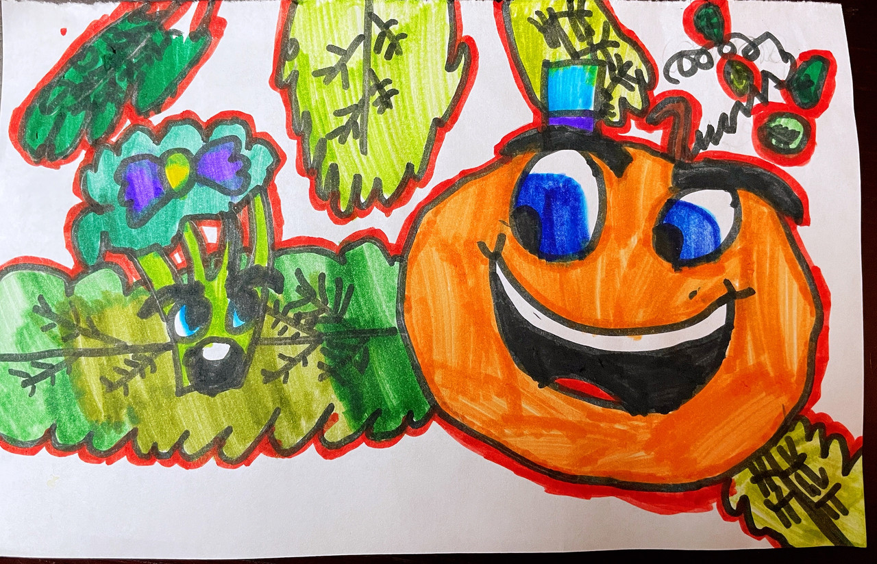 Drawing of pumpkin, broccoli, and lettuce playing