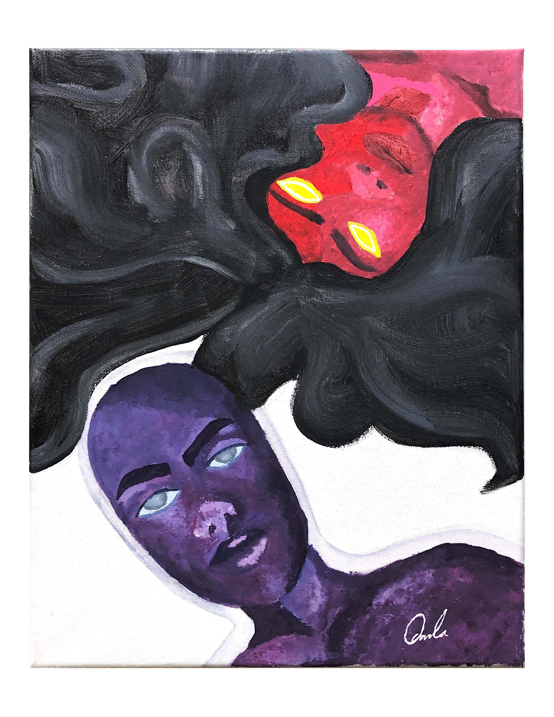 Two faces, one purple and the other red with yellow eyes and black hair