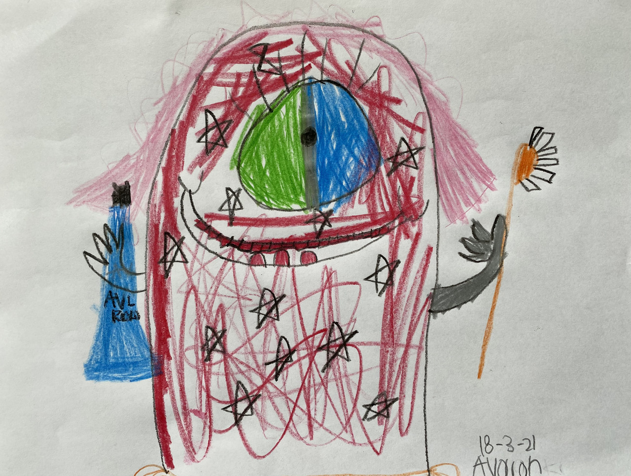 A drawing of a germ character holding a toothbrush and toothpaste