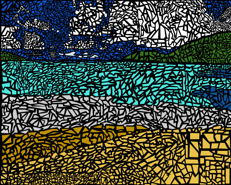 Digital mosaic of landscape with lake and mountain