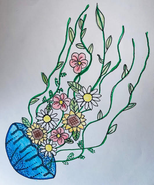 Drawing of a jellyfish with flowers on its tentacles