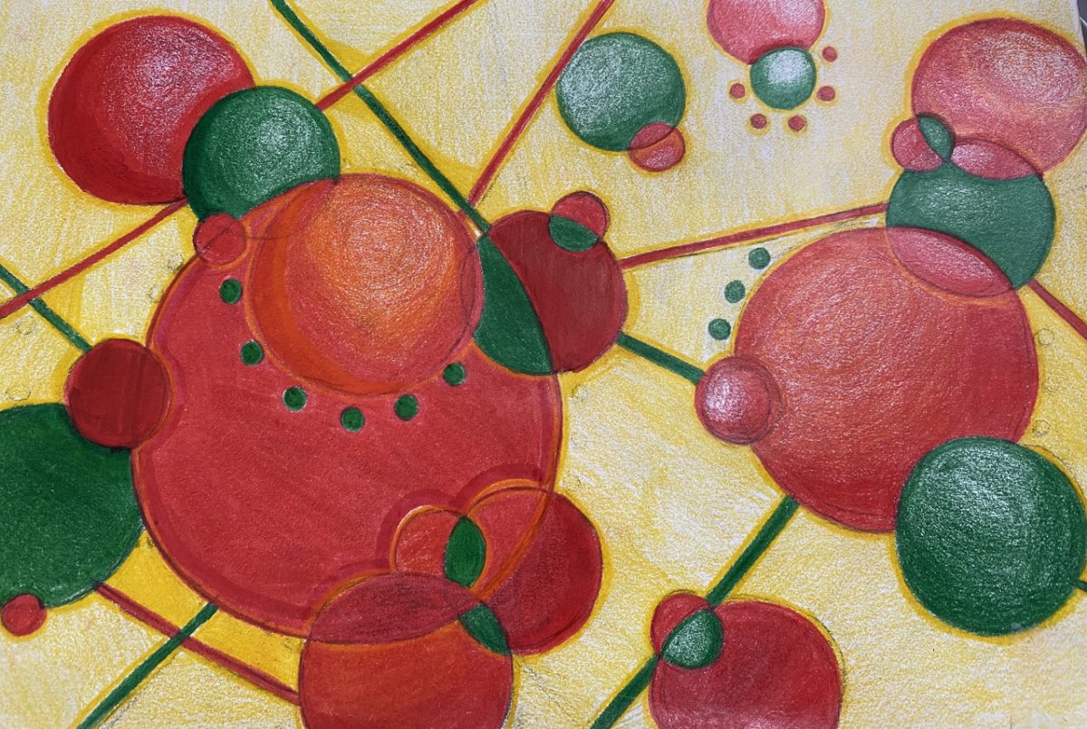 pencil drawing of red and green spheres connected with red and green lines.