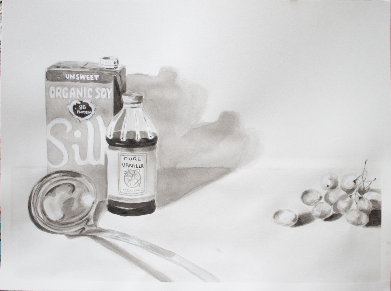 Graphite still life drawing of various objects