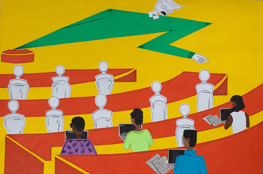 Collage of students in classroom with green, angular teacher hovering over them