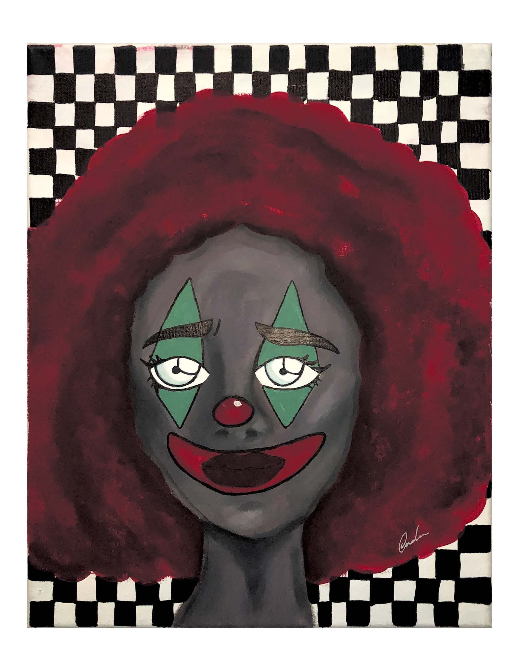 A painting of a clown girl with red hair, sad eyes and a checkered background